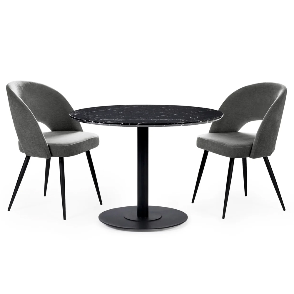 Layton Black Marble Effect Round Dining Table With 2 Erie Grey Chairs