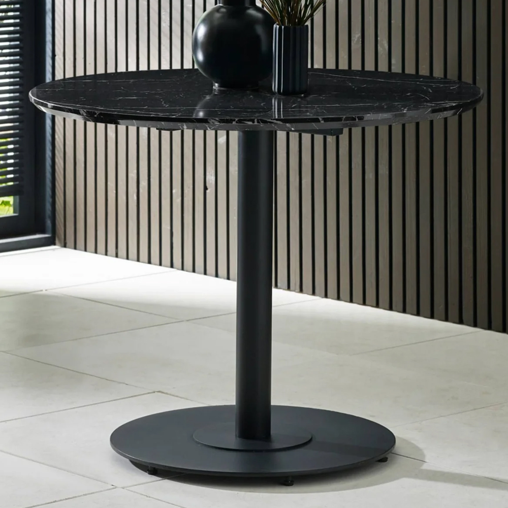 Layton Black Marble Effect Round Dining Table With 2 Mars Dark Grey Chairs