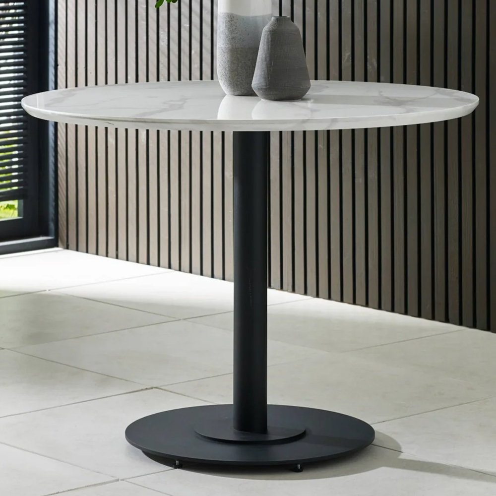 Layton White Marble Effect Round Dining Table With 4 Mars Dark Grey Chairs