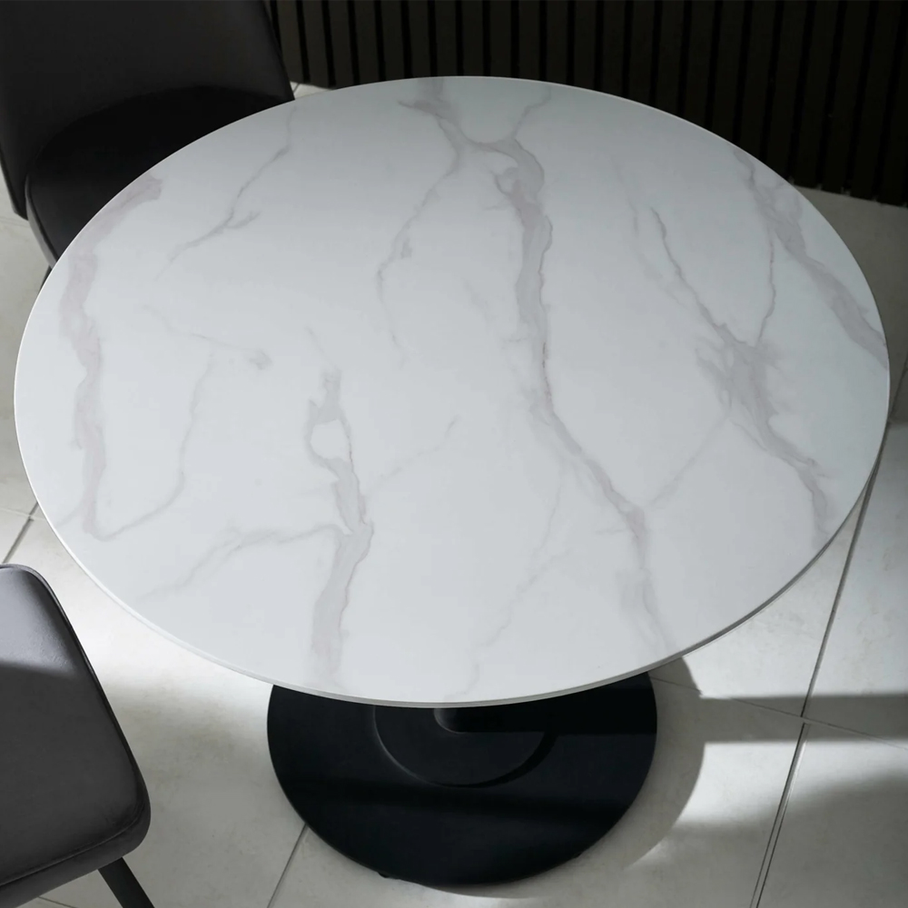 Layton 100cm White Marble Effect Round Dining Table With Metal Base