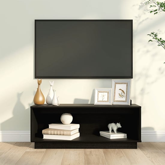 Product photograph of Lazaro Solid Pinewood Tv Stand With Undershelf In Black from Furniture in Fashion