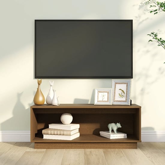 Lazaro Solid Pinewood TV Stand With Undershelf In Honey Brown