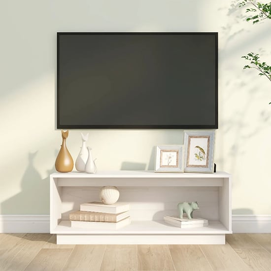 Product photograph of Lazaro Solid Pinewood Tv Stand With Undershelf In White from Furniture in Fashion