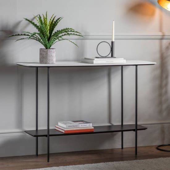 Photo of Leadwort wooden console table in white marble effect