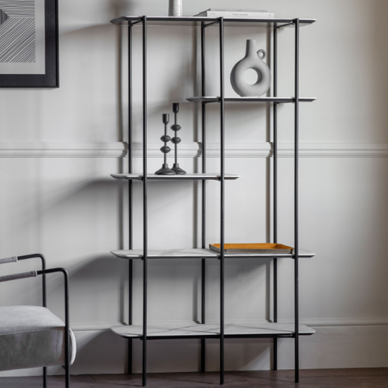 Read more about Leadwort wooden open shelving unit in white marble effect