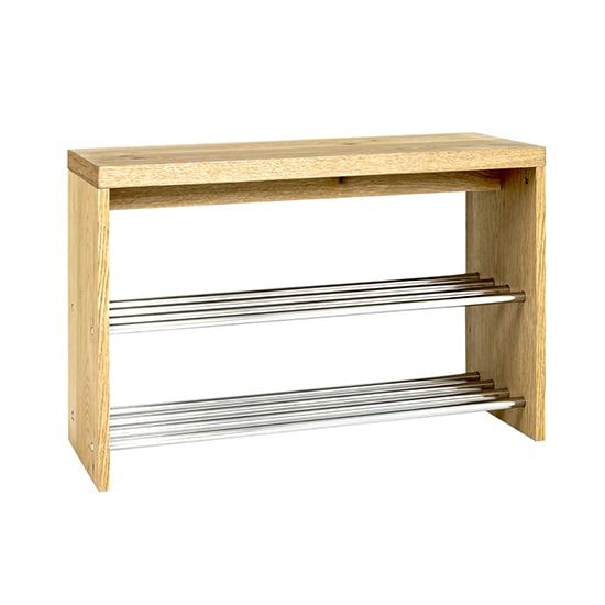 Read more about Leandro wooden shoe storage bench in oak with chrome shelves