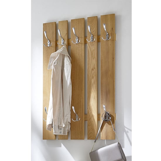 Product photograph of Learo Wall Hung Coat Rack In Oak With 8 Stainless Steel Hooks from Furniture in Fashion