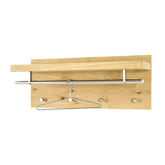 Product photograph of Learo Wooden Wall Hung Coat Rack In Oak With Chrome Hooks from Furniture in Fashion