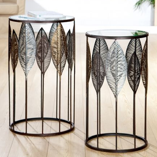 Photo of Leaves clear glass top set of 2 side tables with metal frame