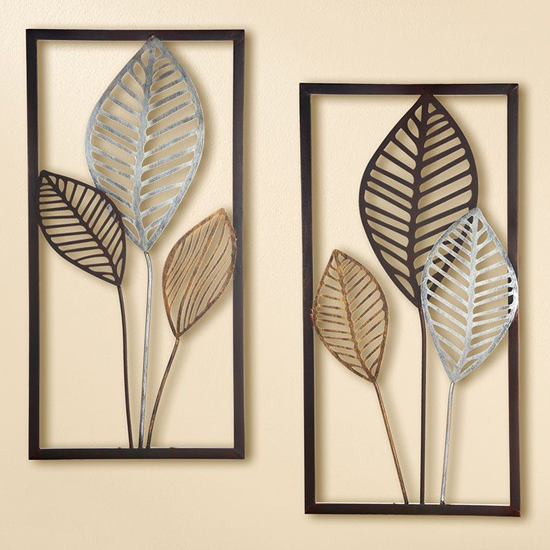 Photo of Leaves metal set of 2 wall art in brown and gold silver