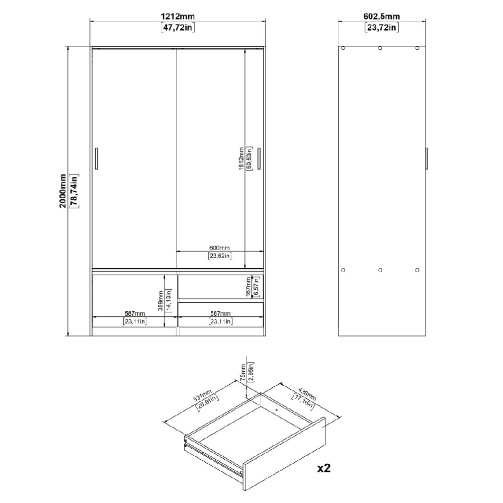Lebanon Wooden Wardrobe With 2 Sliding Doors 2 Drawers In Oak