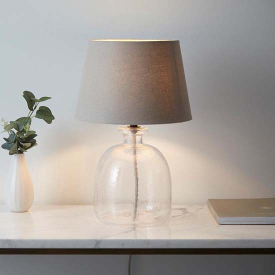 Read more about Lecce cici grey fabric shade table lamp with clear glass base