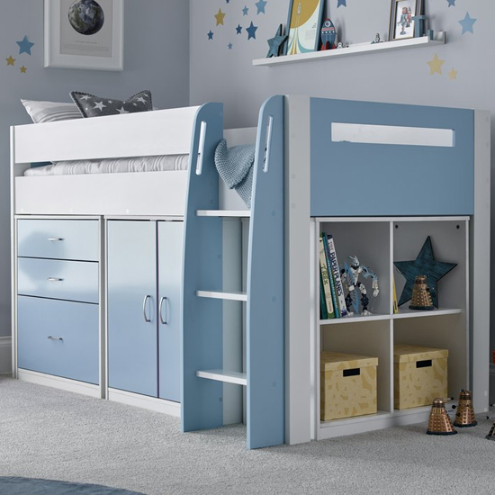 Product photograph of Lecco Wooden Mid Sleeper Storage Single Bunk Bed In Blue from Furniture in Fashion