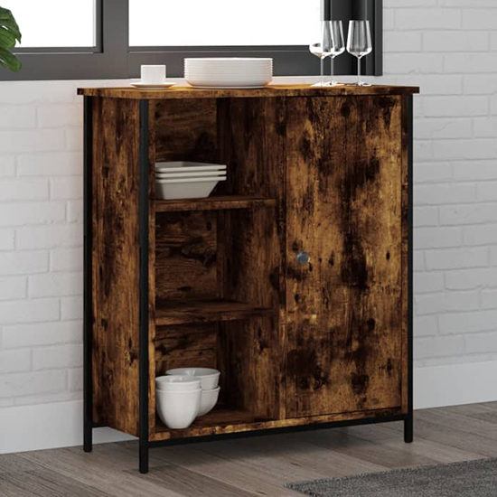 Product photograph of Lecco Wooden Sideboard With 1 Door 2 Shelves In Smoked Oak from Furniture in Fashion