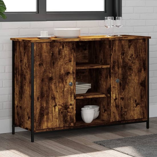 Product photograph of Lecco Wooden Sideboard With 2 Doors 2 Shelves In Smoked Oak from Furniture in Fashion