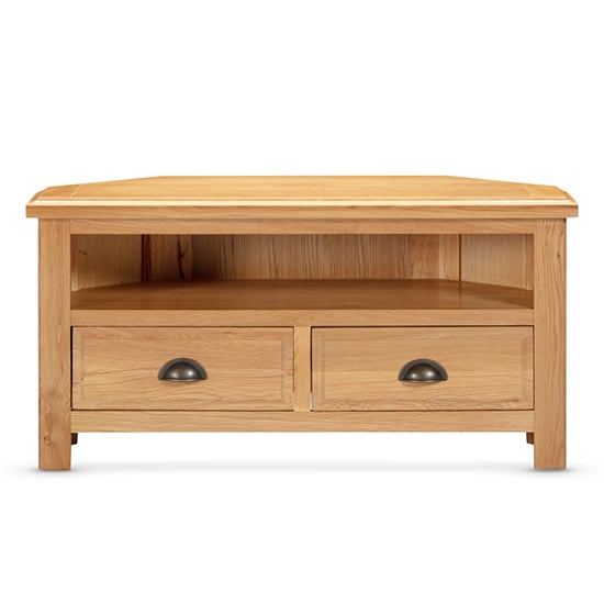 Product photograph of Lecco Wooden Tv Stand Corner With 2 Drawers In Oak from Furniture in Fashion