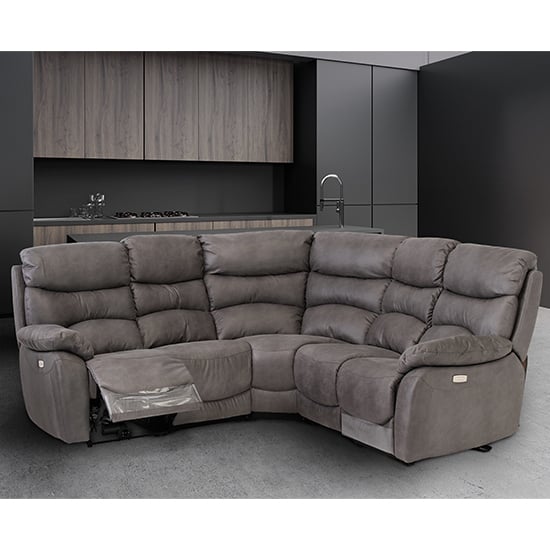 Leda Fabric Electric Recliner Right Hand Corner Sofa In Grey