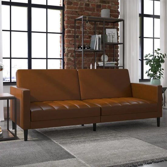 Leeds Faux Leather Futon Sofa Bed In Camel With Solid Wood Legs