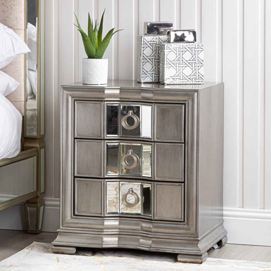 Leeds Mirrored Bedside Cabinet With 3 Drawers In Grey