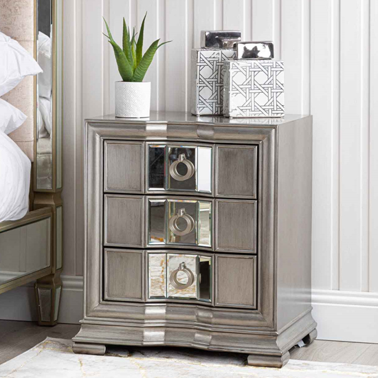 Leeds Mirrored Bedside With 3 Drawers In Grey Furniture in