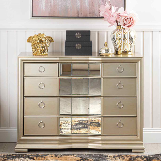 Photo of Leeds mirrored chest of 5 drawers in champagne