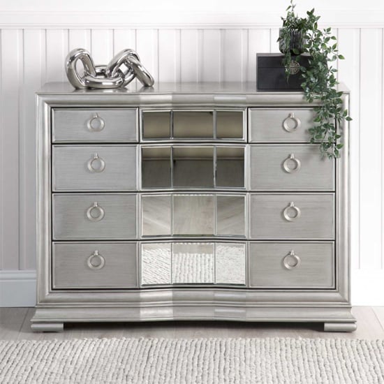 Product photograph of Leeds Mirrored Chest Of 5 Drawers In Grey from Furniture in Fashion