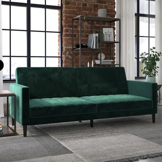 Product photograph of Leeds Velvet Futon Sofa Bed In Green With Solid Wood Legs from Furniture in Fashion