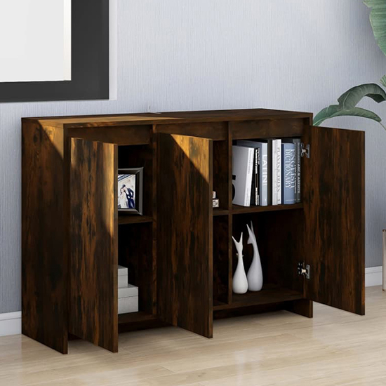 Leehi Wooden Sideboard With 3 Doors In Smoked Oak
