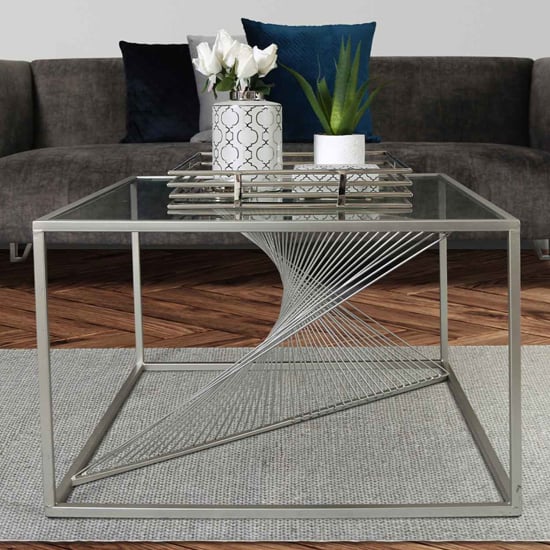 Photo of Lehi clear glass top coffee table with silver metal frame