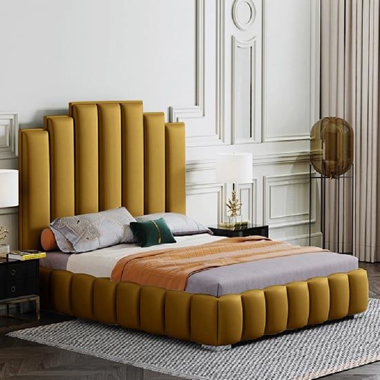 Product photograph of Leica Plush Velvet Double Bed In Mustard from Furniture in Fashion