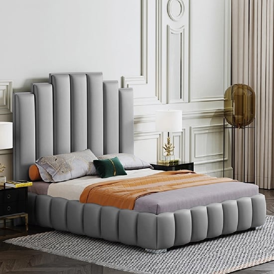 Leica Plush Velvet Super King Size Bed, Grey King Size Bed Tall Headboard