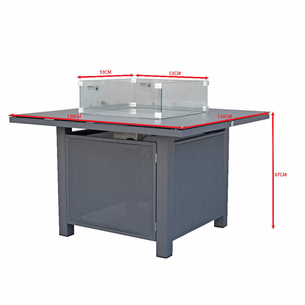 Leicester Glass Top Garden Square Gas Firepit Table In Grey