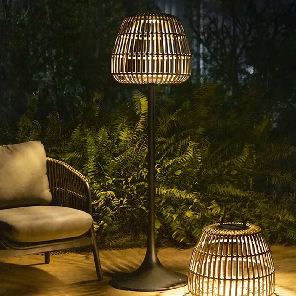 Leicester Tall Rattan Solar Lantern In Charcoal And Sand