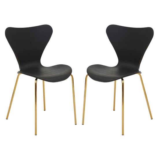 Photo of Leila black plastic dining chairs with gold metal legs in a pair