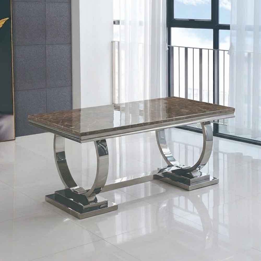 Leila Natural Stone Marble Effect Dining Table with Stainless Steel Base in Brown
