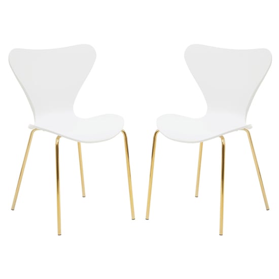Read more about Leila white plastic dining chairs with gold metal legs in a pair