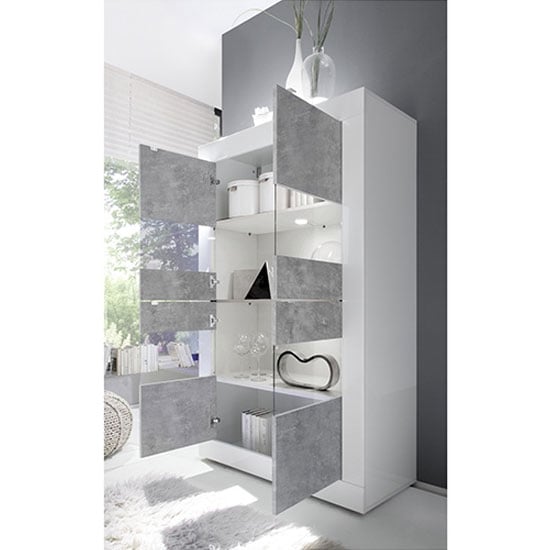Taylor Display Cabinet In White High Gloss And Cement Effect_2