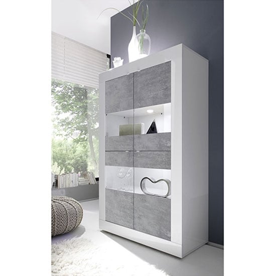 Taylor Display Cabinet In White High Gloss And Cement Effect