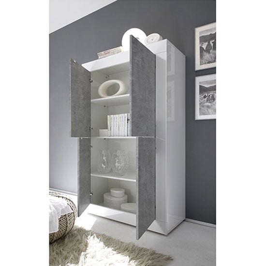 Taylor Wooden Highboard In White High Gloss And Cement Effect_2