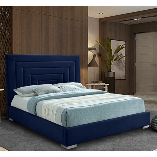 Leipzig Plush Velvet Upholstered Double Bed In Blue