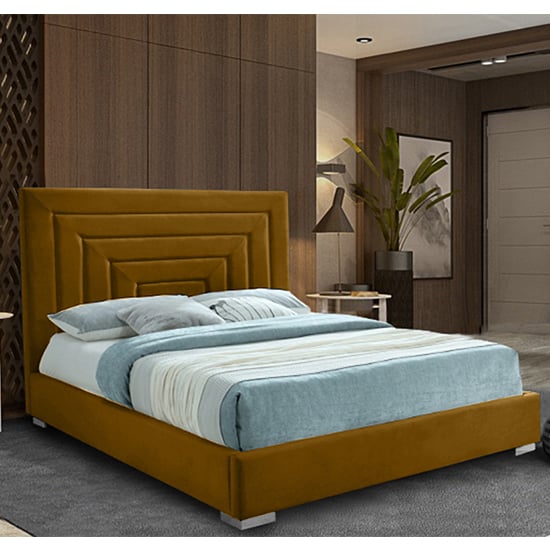 Photo of Leipzig plush velvet upholstered double bed in mustard
