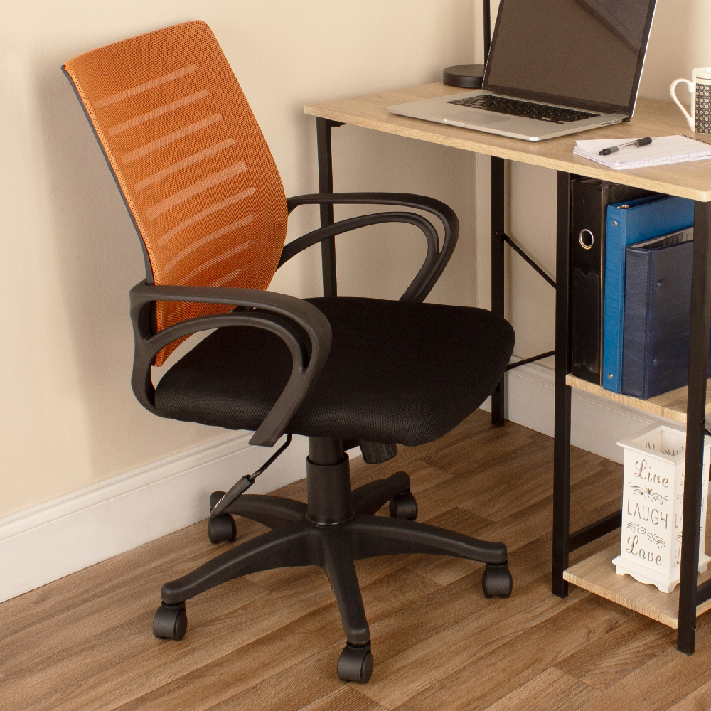 Read more about Leith fabric home and office chair with arms in black and orange