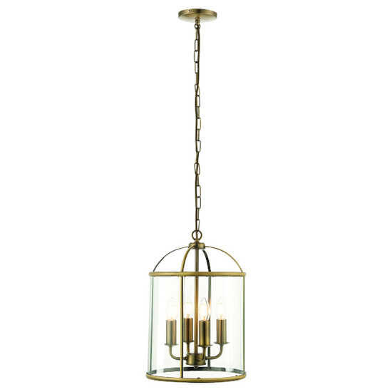Product photograph of Lembeth 4 Lights Clear Glass Pendant Light In Antique Brass from Furniture in Fashion