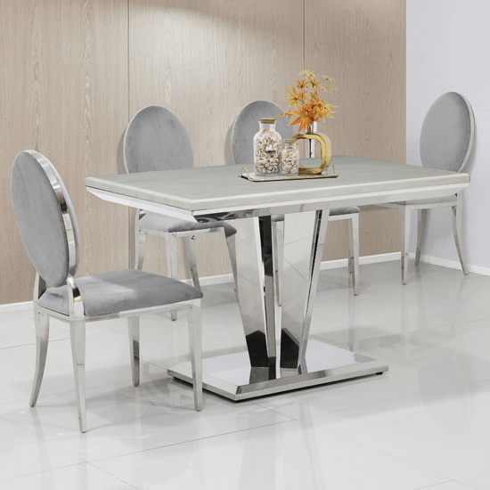 Leming 80cm Cream Marble Dining Table 4 Holyoke Grey Chairs Furniture In Fashion Leming 80cm Cream Marble Dining Table 4, Square Marble Dining Table Set For 4