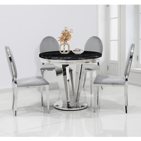 Leming 90cm Black Marble Dining Table 4, Black Round Dining Table Grey Chairs