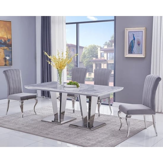 Read more about Leming large grey marble dining table with 6 liyam grey chairs