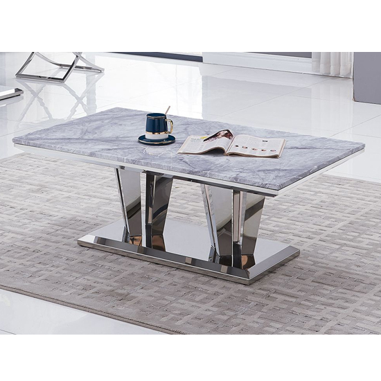 Leming Marble Coffee Table In Grey With Chrome Twin Pedestals Furniture in Fashion