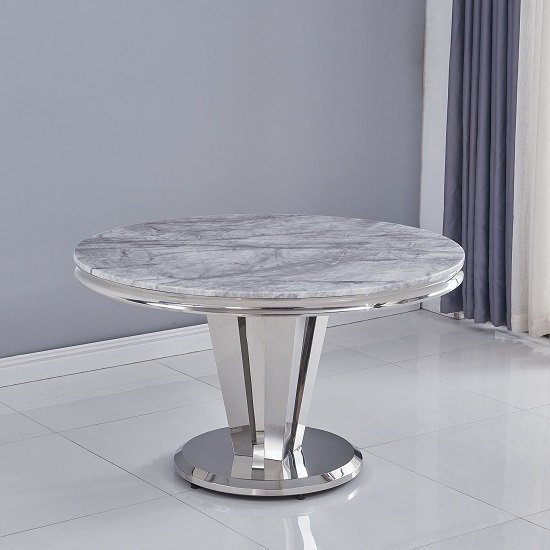 Leming Round Grey Marble Dining Table With 4 Liyam Black Chairs