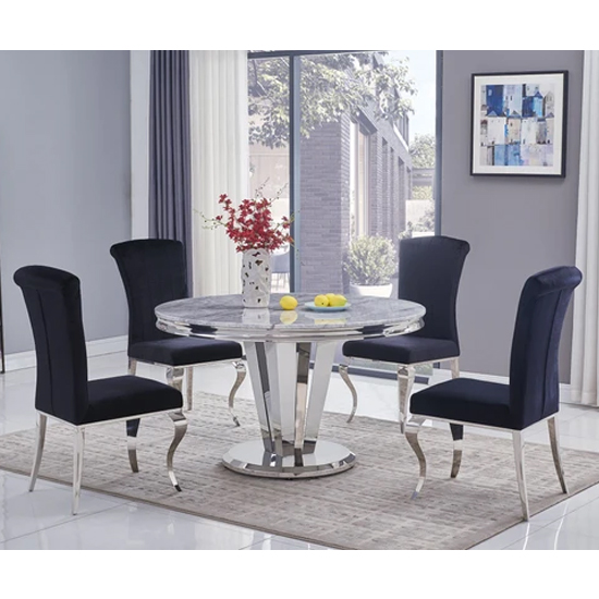 Read more about Leming round grey marble dining table with 4 liyam black chairs