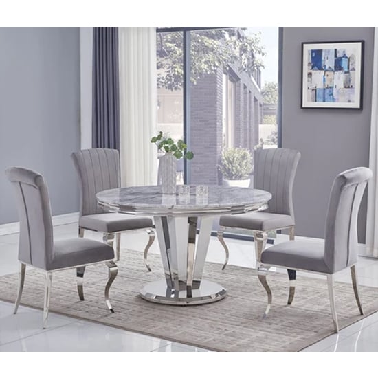 Read more about Leming round grey marble dining table with 4 liyam grey chairs